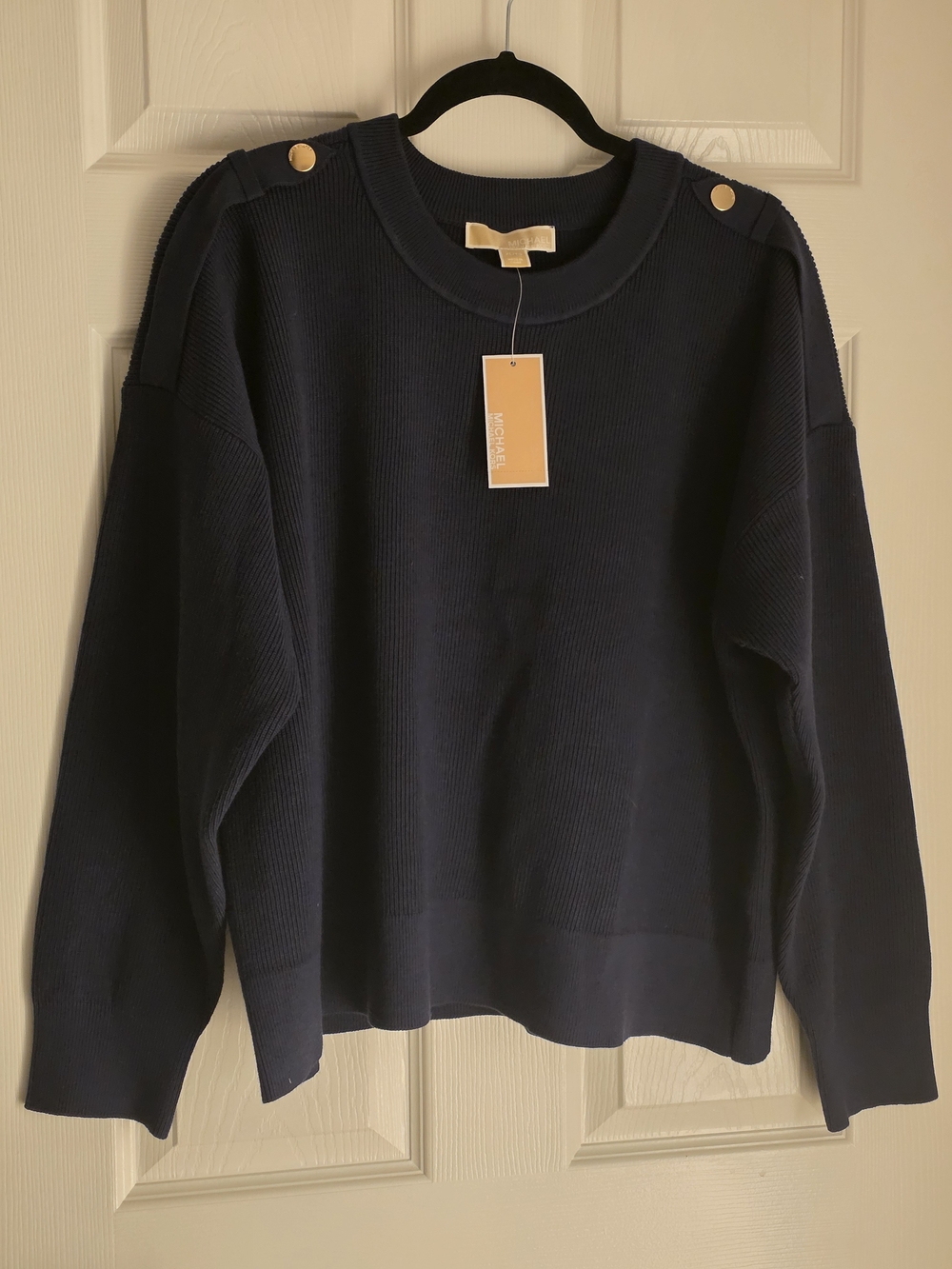 Michael Kors Navy Crewneck Sweater with Gold Shoulder Buttons